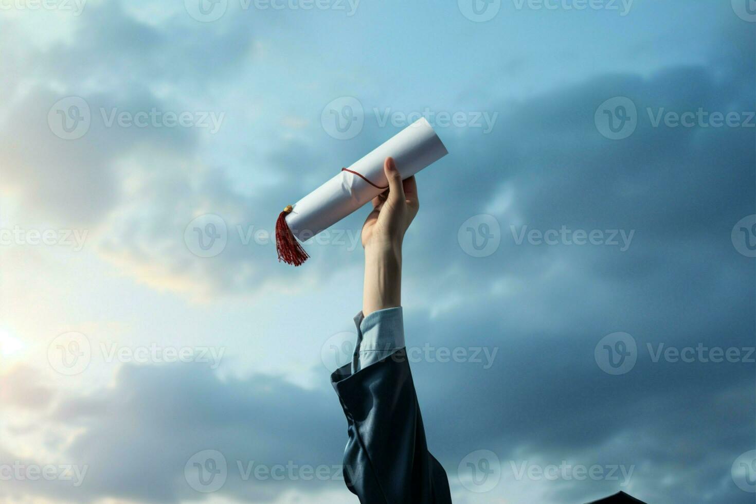 AI generated Educational milestone Hand proudly grasping a diploma in the sky photo