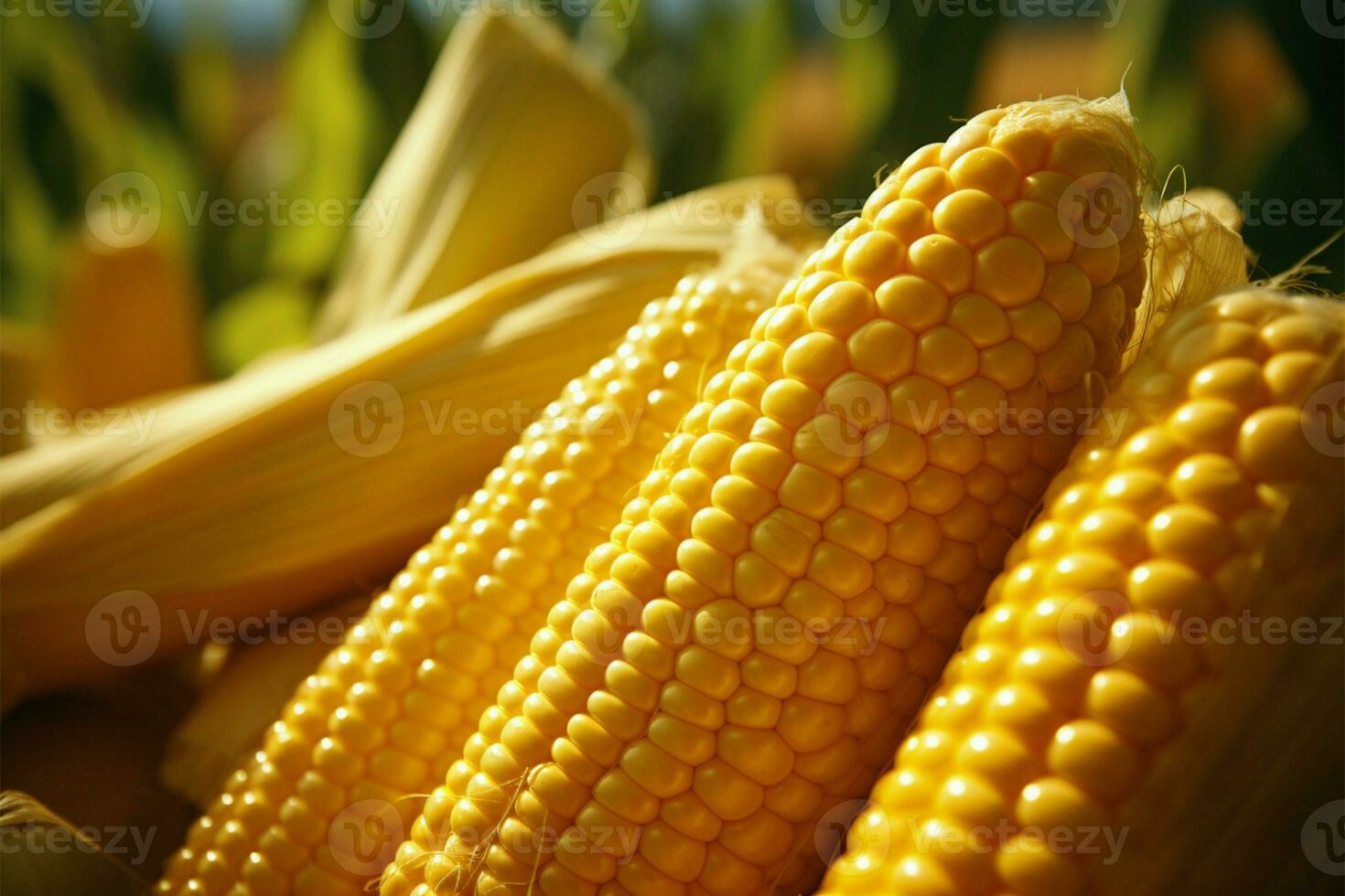 AI generated Yellow delight Closeup of ripe maize plant in organic agriculture photo
