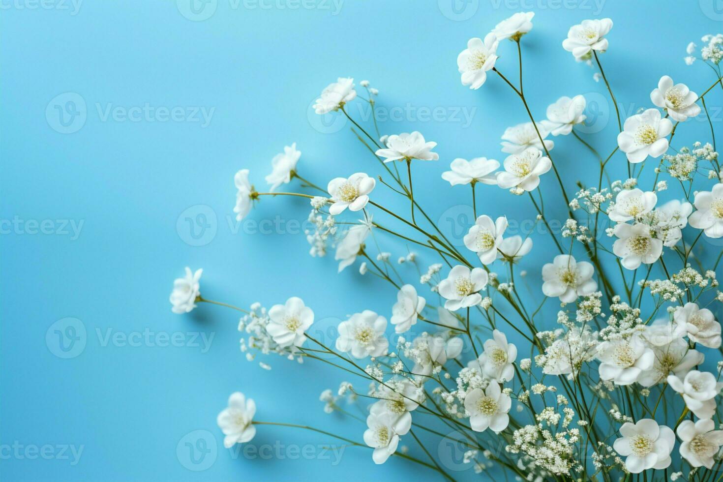 ai generado azul elegancia blanco Gypsophila flores en un sereno azul antecedentes foto