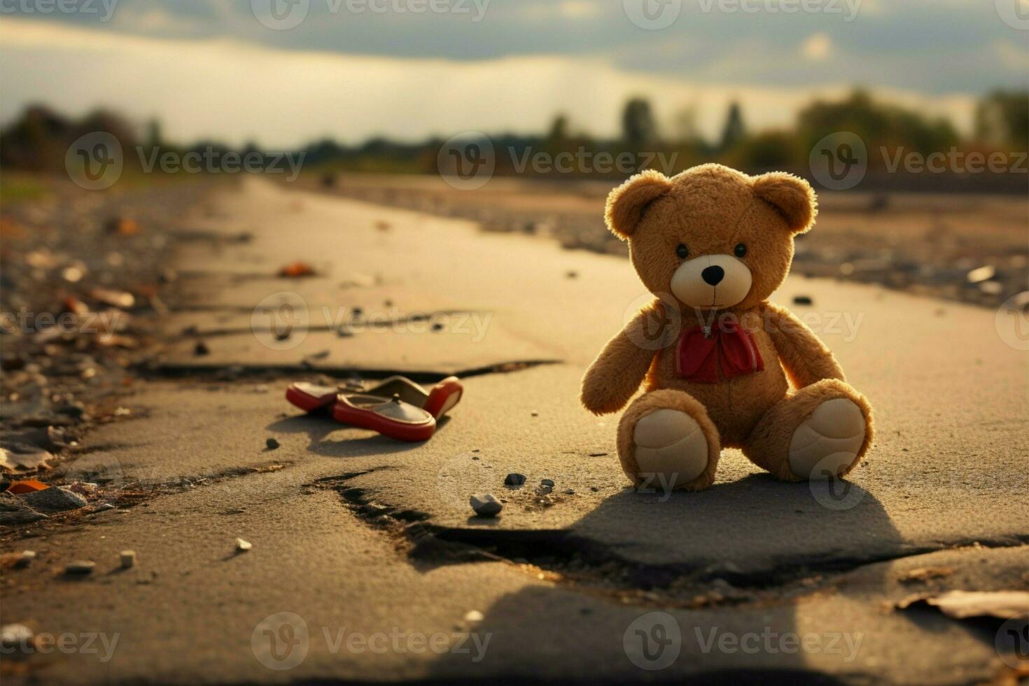 AI generated Deserted joy Broken bear toy on a road, a sad background photo