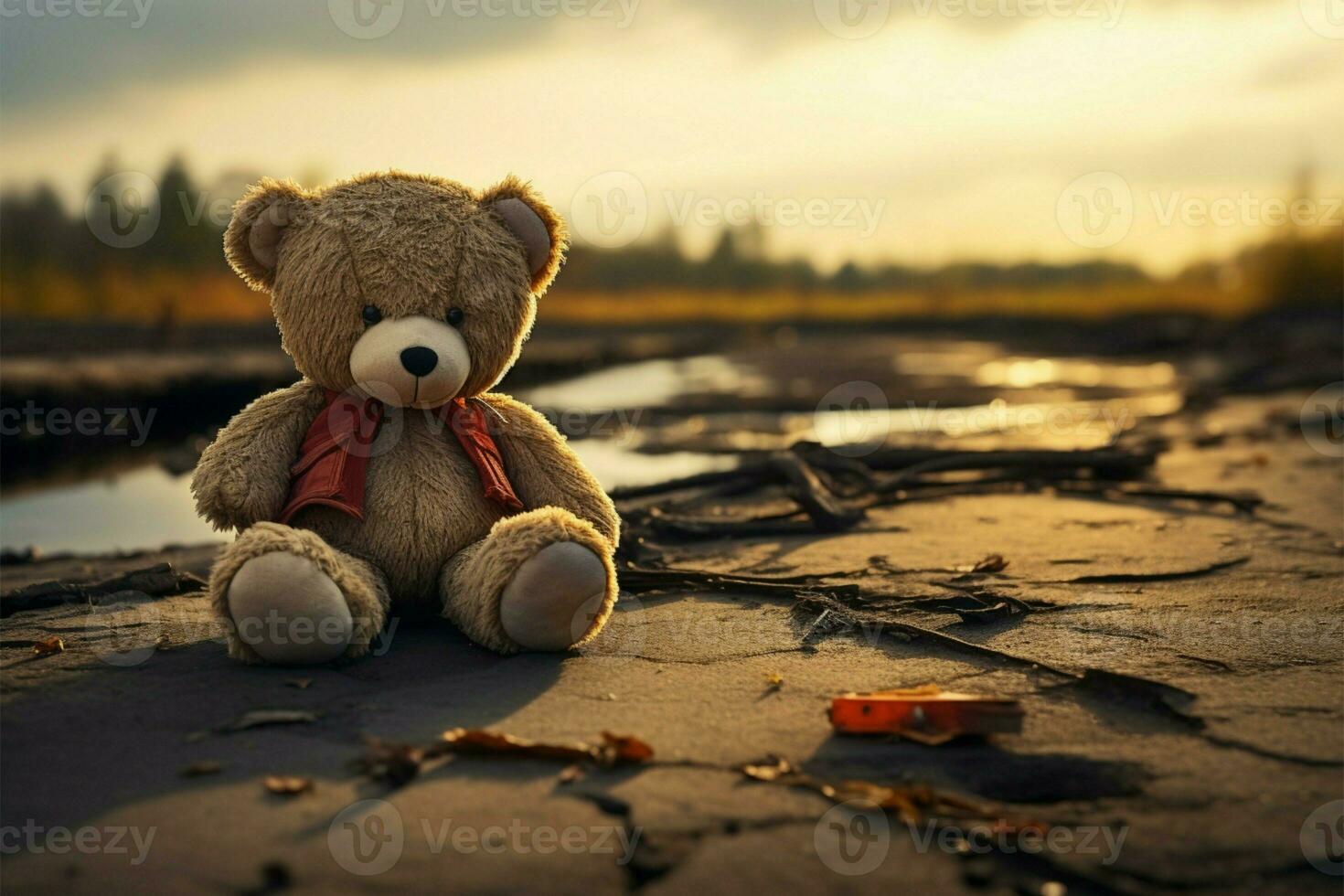 AI generated Abandoned childhood Lonely bear toy on a sorrowful background graphic photo