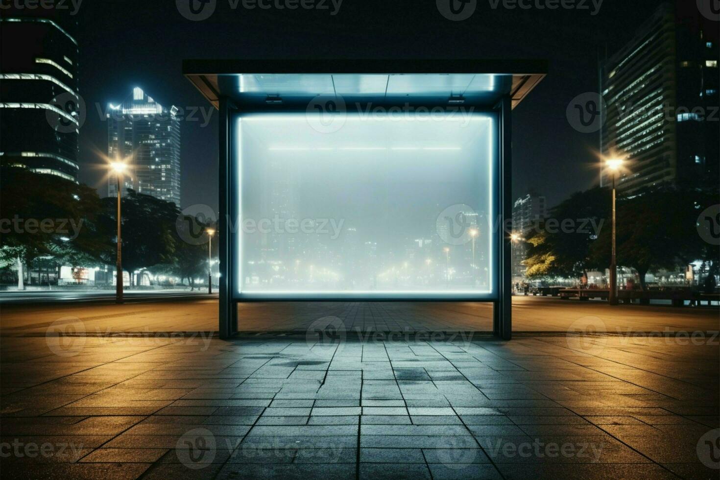 AI generated City lights backdrop Outdoor space frame sign billboard at night photo