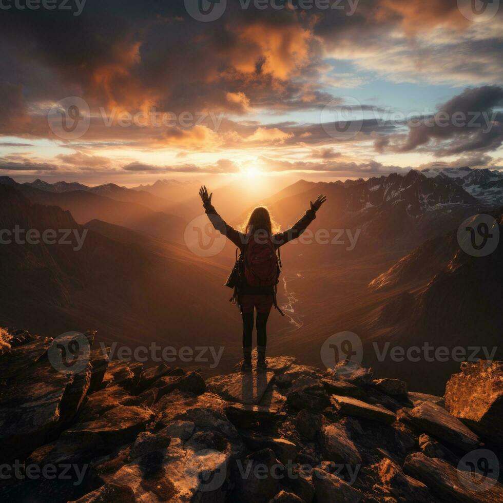 AI generated Mountain Summit Elation Capturing Evening Joy in a Realistic Photo, Generative AI photo
