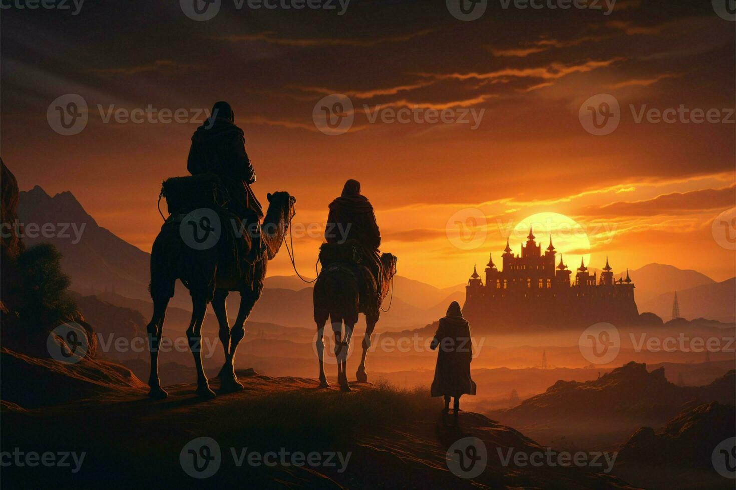 AI generated story Wise men and camels gather in the desert photo