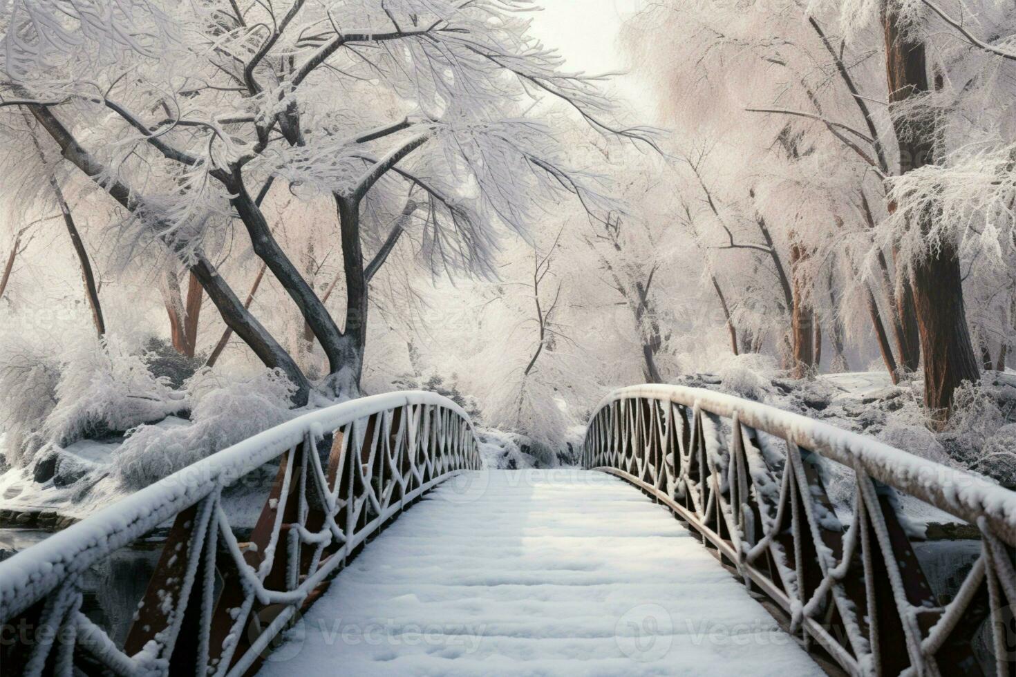 AI generated Winter wonder Frozen water, snow covered trees, and a bridge in botanical garden photo