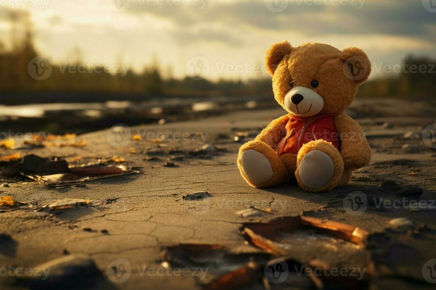 AI generated Forgotten companion Lonely, broken bear toy on a melancholic background photo