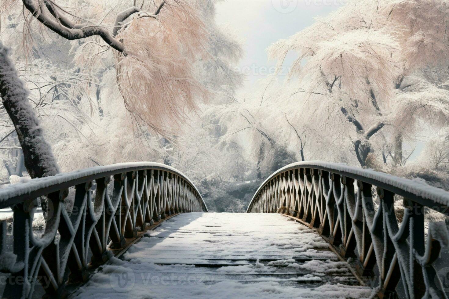 AI generated Botanic serenity Winter scene with bridge, frozen water, and snow draped trees photo