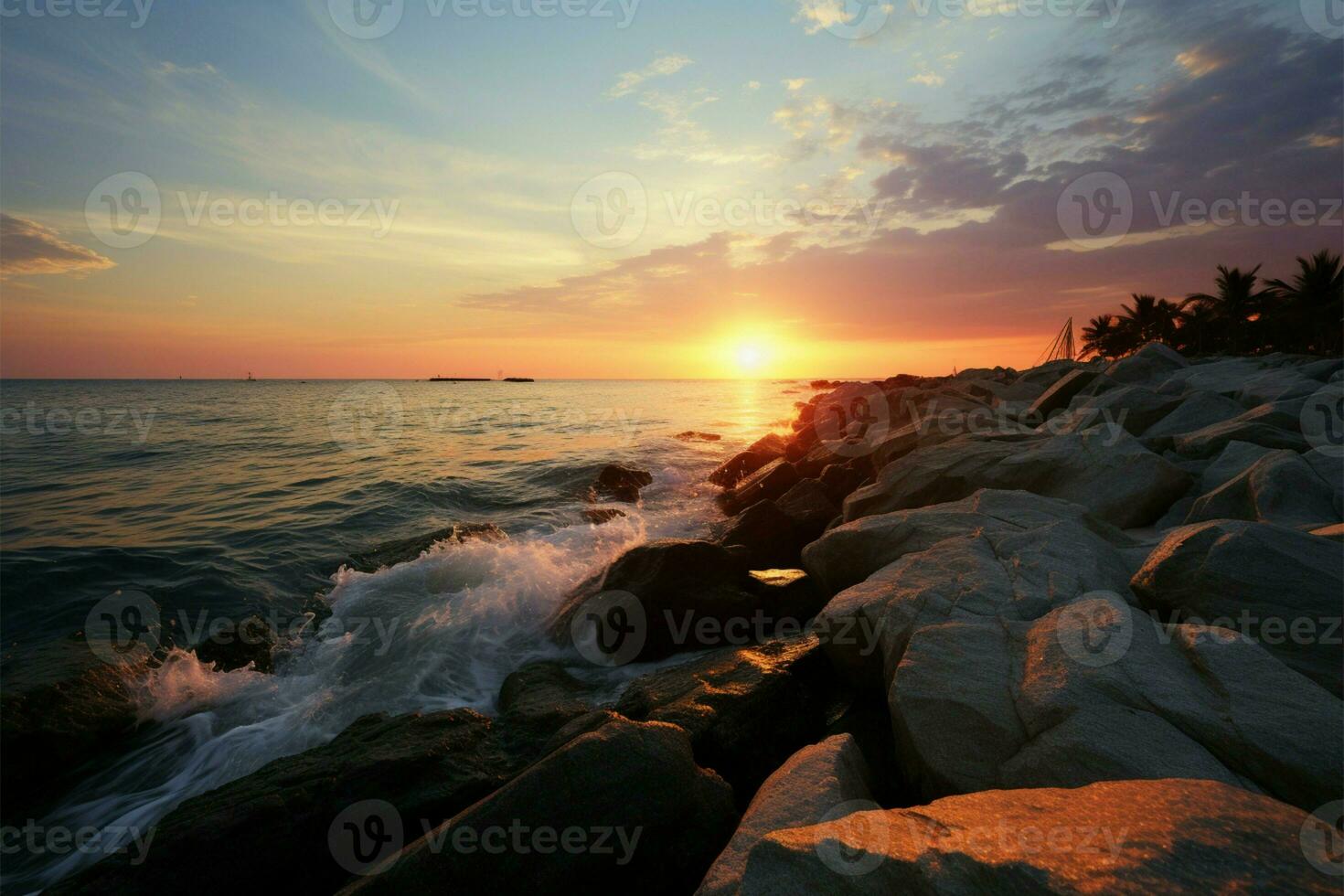 AI generated Rocky coast glow Sunset hues grace the tropical beach rocks photo