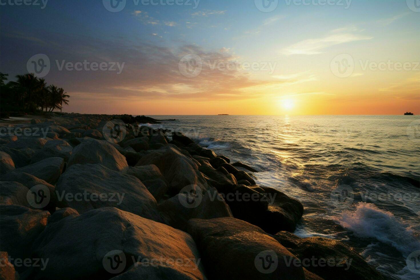 AI generated Sundown tranquility Tropical beach adorned with a serene rocky shore photo