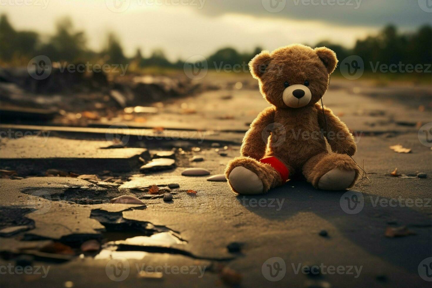 AI generated Lost innocence Lonely broken bear toy on a sad background photo