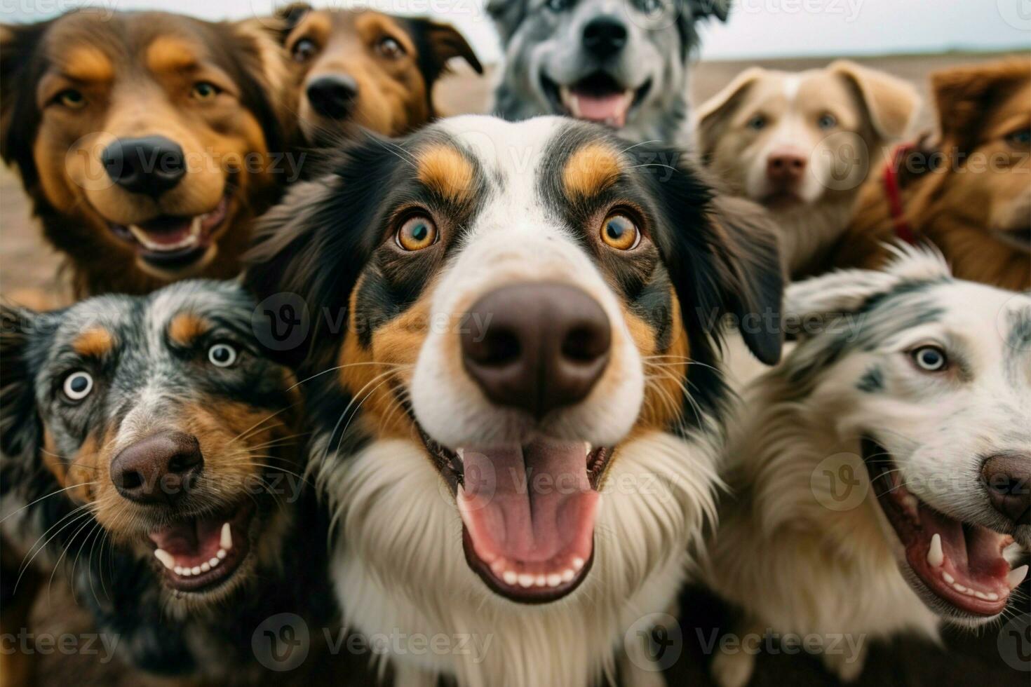 AI generated Doggy snapshot A selfie featuring a lively group of dogs photo