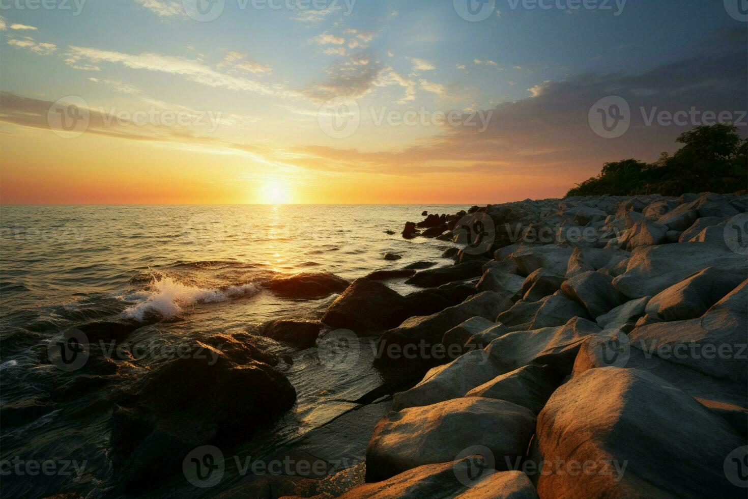 AI generated Evening serenity Sun sets on the rocky shore, tropical beach photo