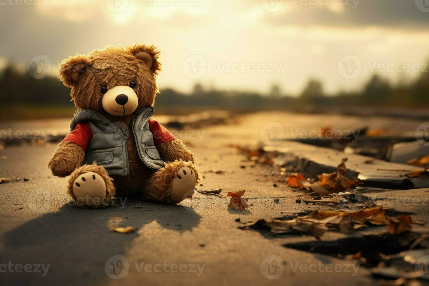 AI generated Lost innocence Lonely broken bear toy on a sad background photo