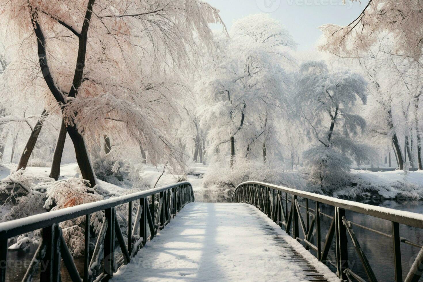 AI generated Snowy charm Winter scene at a botanical garden, frozen water, snow covered trees photo