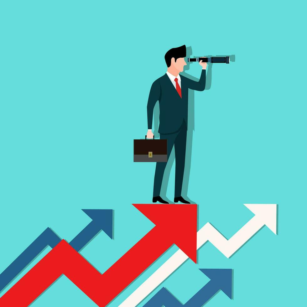 upward arrow and a businessman looking forward through the telescope. A symbol of success vector