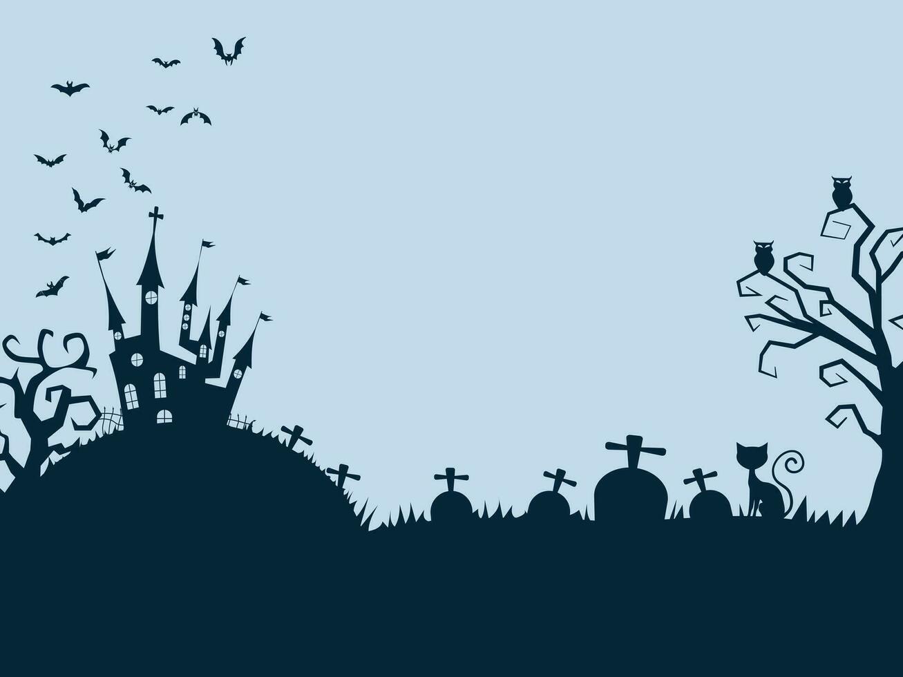 silhouette of dark castle and cat. Website spooky or banner template. vector
