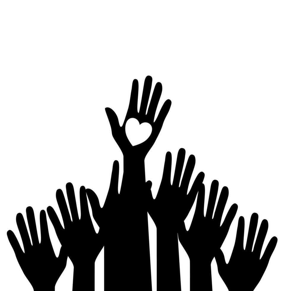 Silhouettes hands up. hands up with heart love. Volunteer vector concept raising hands