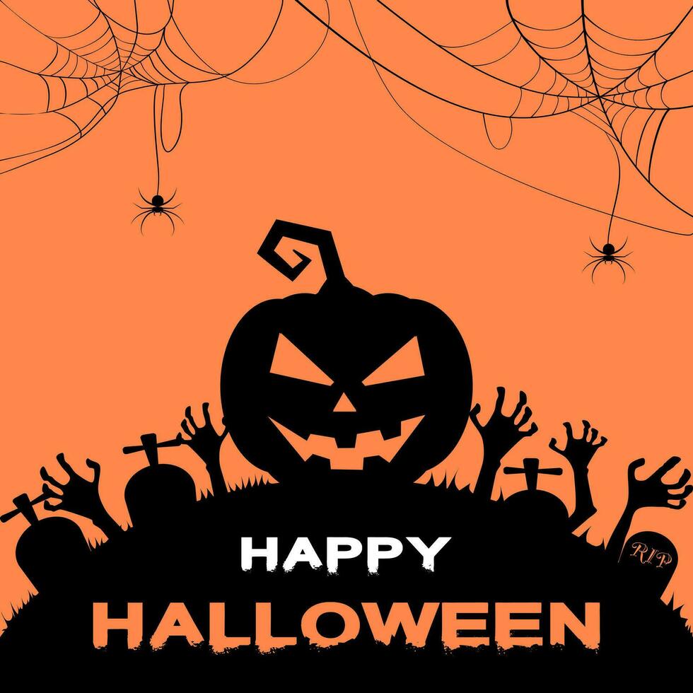 Happy halloween ghost night with pumpkin and zombie hand. Poster vector