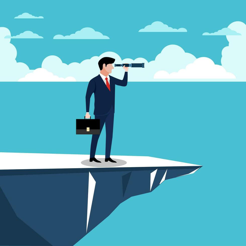 Visionary leadership concept with businessman looking through telescope from a cliff vector