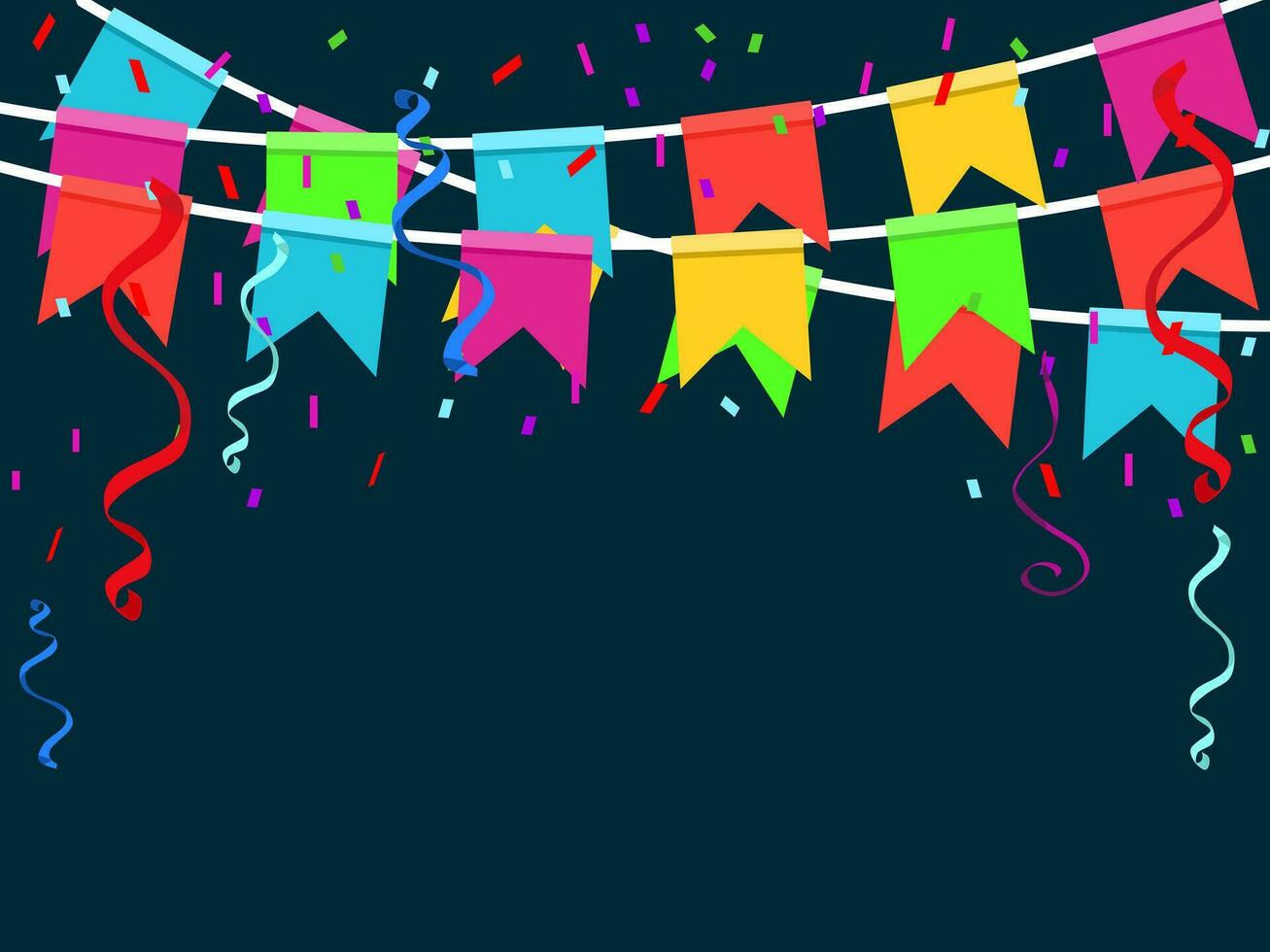 Colorful Party Flags With Confetti And Ribbons Falling. Celebrate banner. Vector