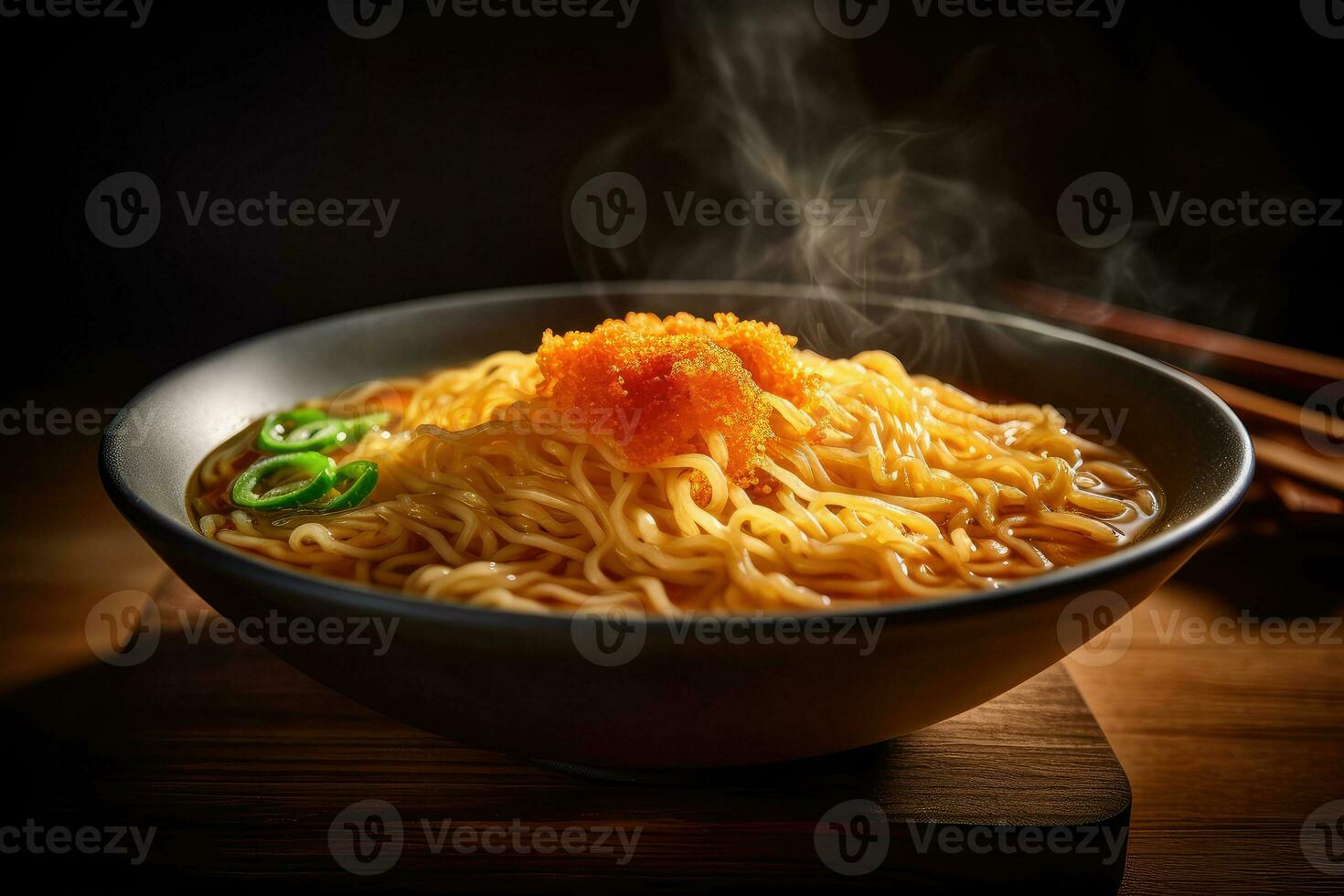 AI generated delicious ramen on dark surface photo