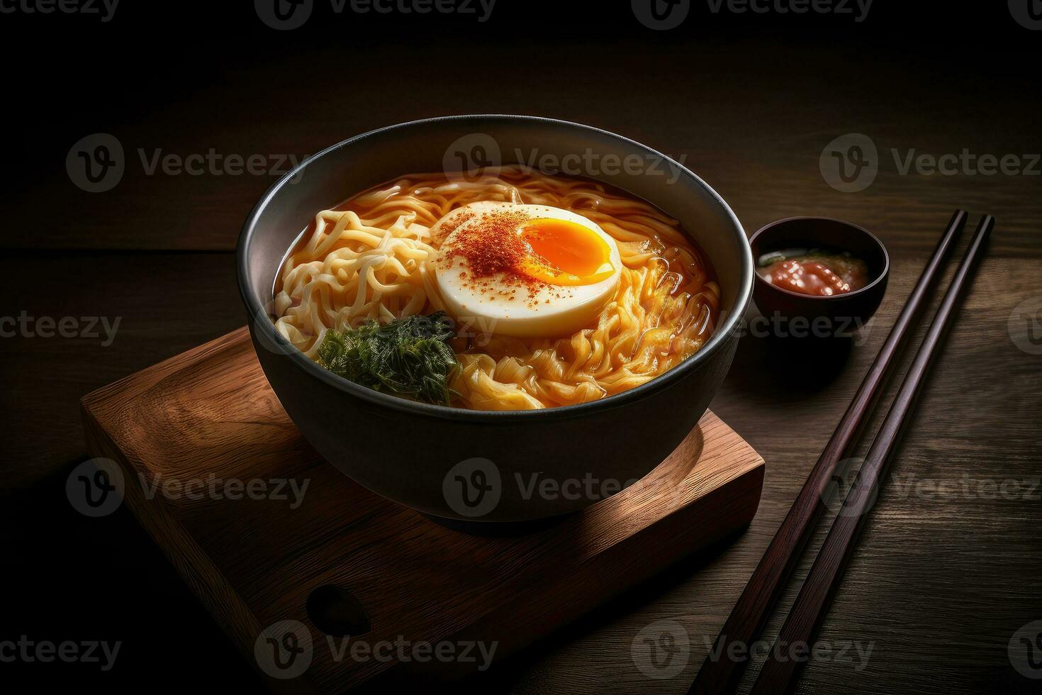 AI generated delicious ramen on dark surface photo