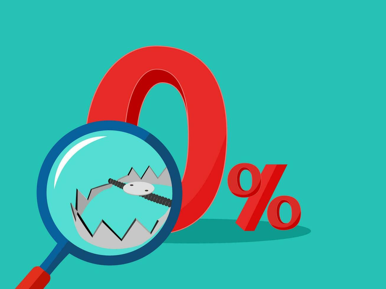 The trap in the magnifying glass and the zero percent symbol. Zero interest trap concept vector