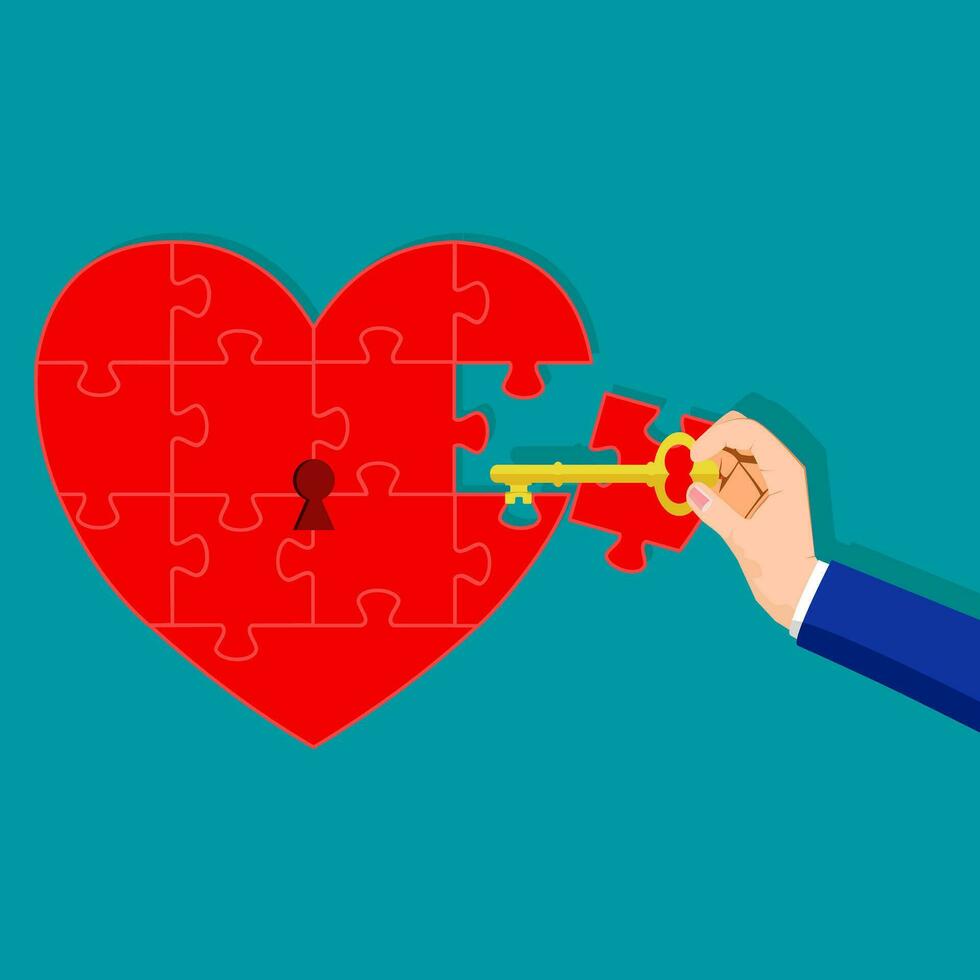 People use the key to unlock their hearts. Ideas for solving the secrets of the heart vector
