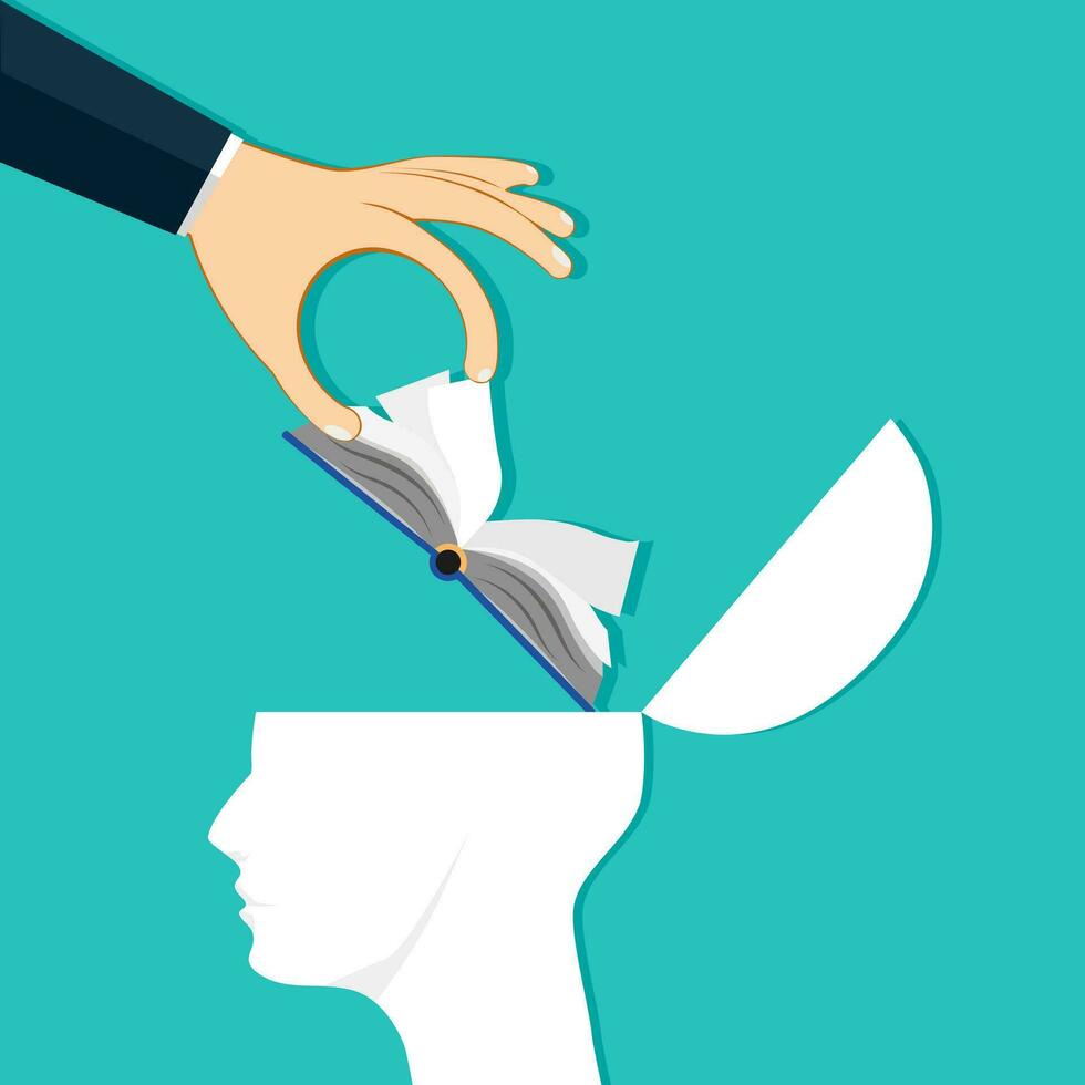 The hand put the book into the human head vector
