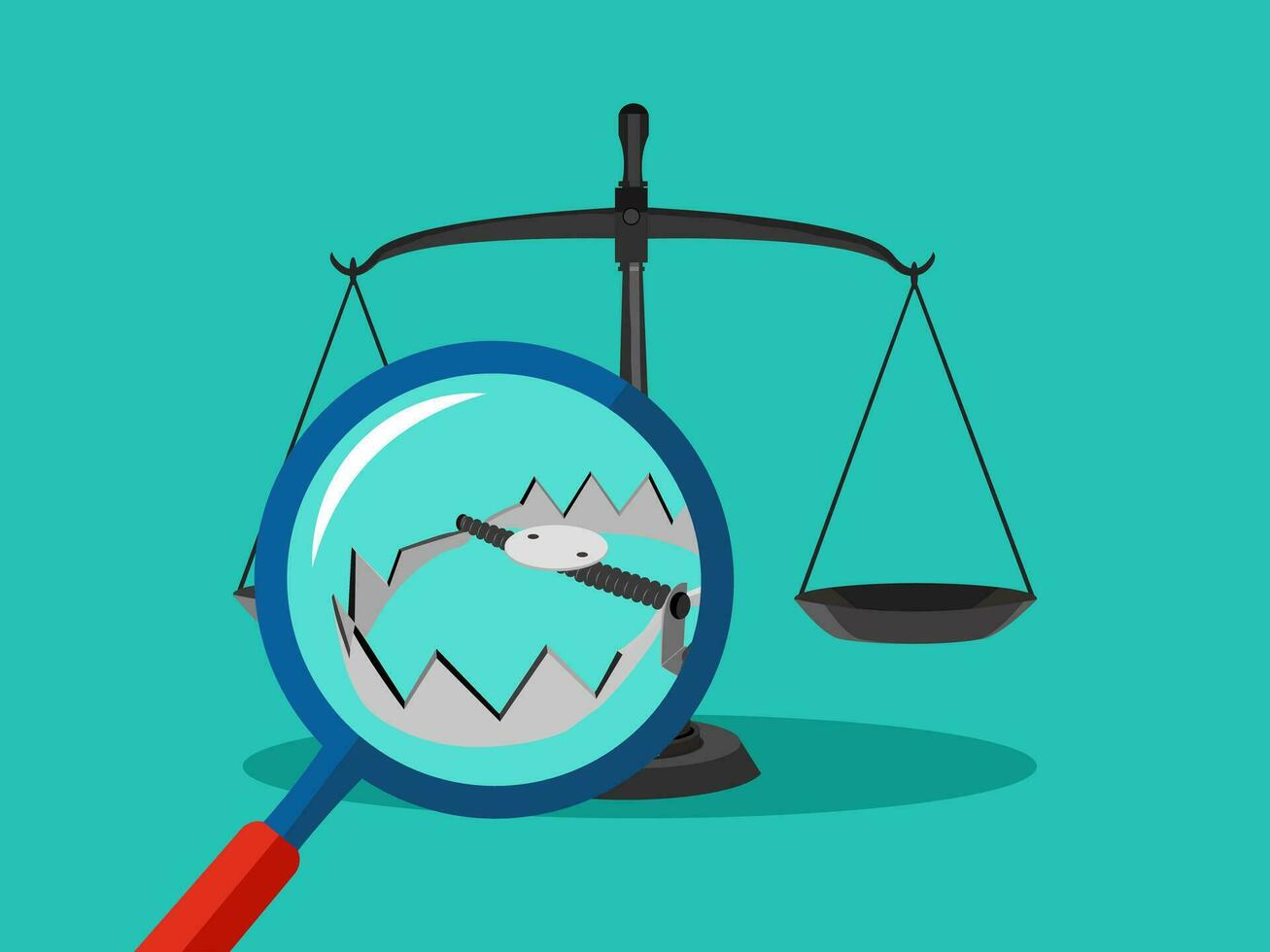 Magnifying glass and scales. Traps Justice or law concept vector