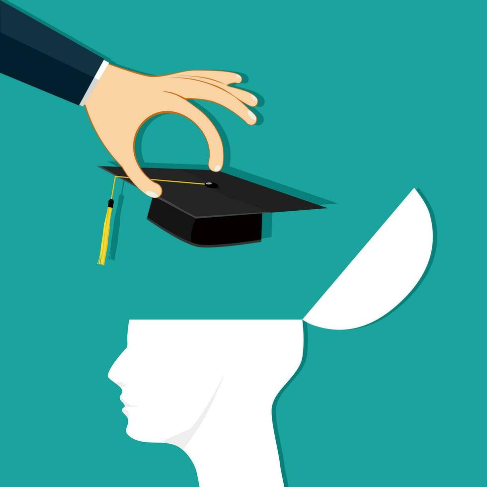 Hands put a graduation hat into the human head. Educational advice until successful completion vector