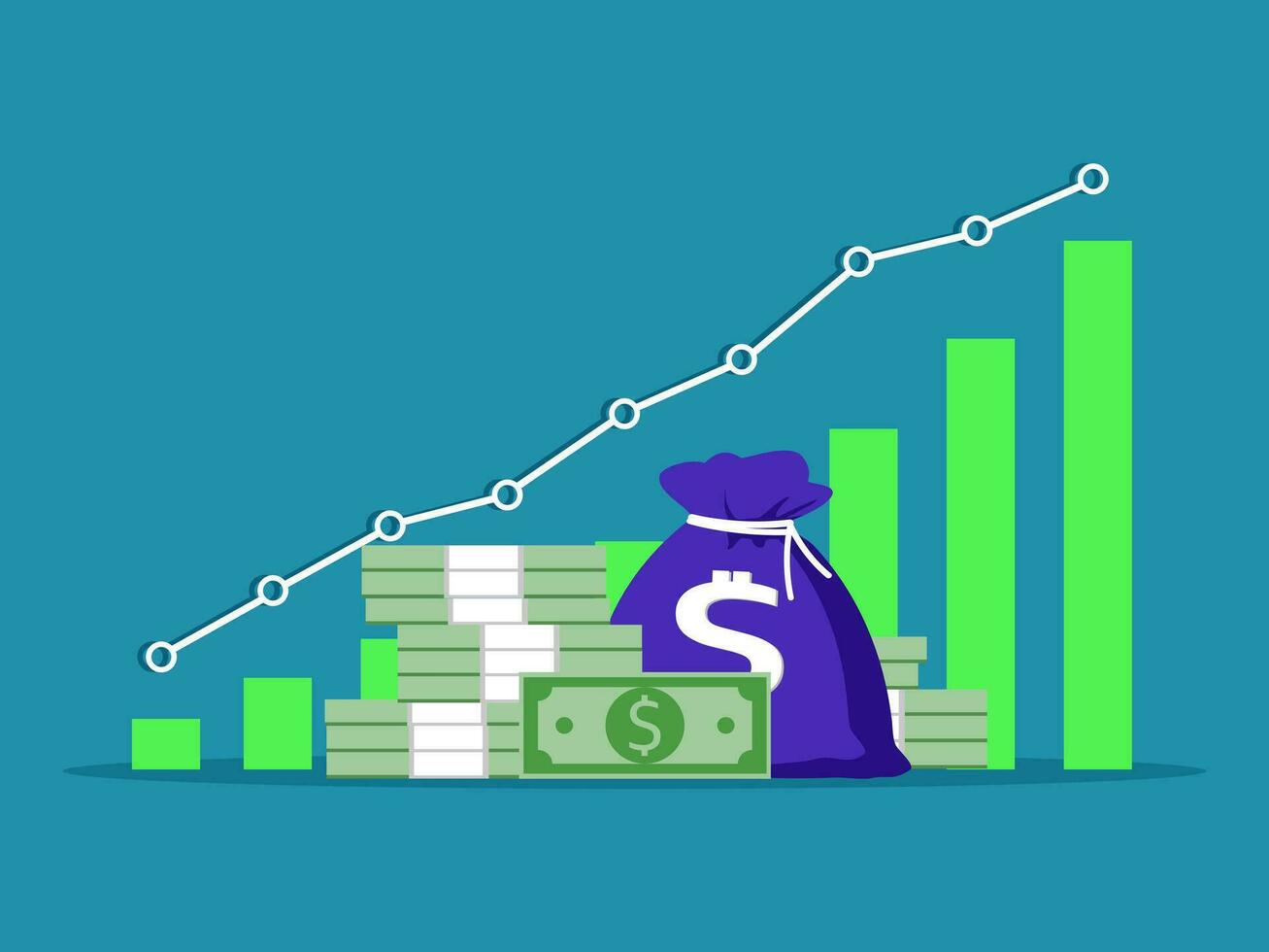 A pile of money and a growth graph. The concept of money growing vector