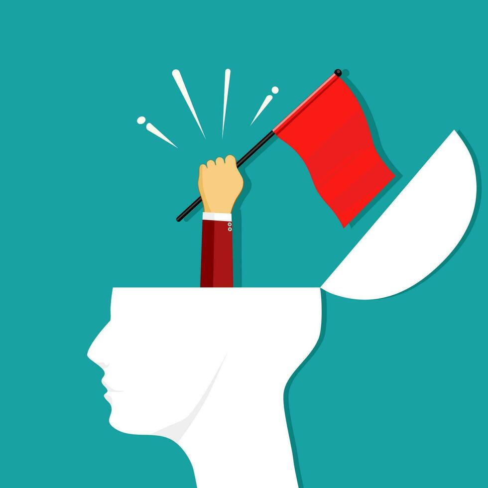 The hand raised a red flag on head. Victory leadership concept vector