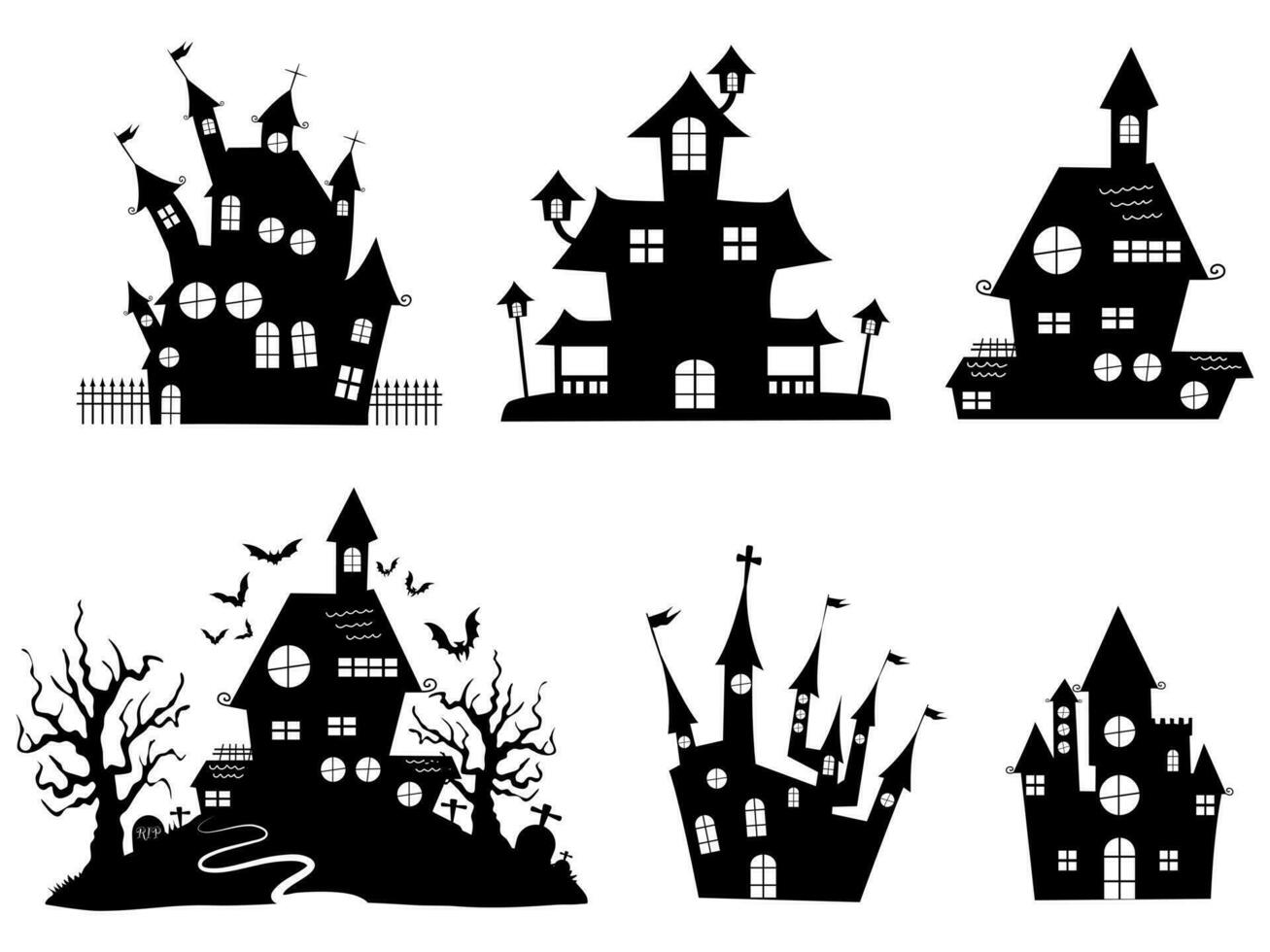 Set of haunted houses for Halloween. Collection of castles with monsters. silhouette a scary house vector