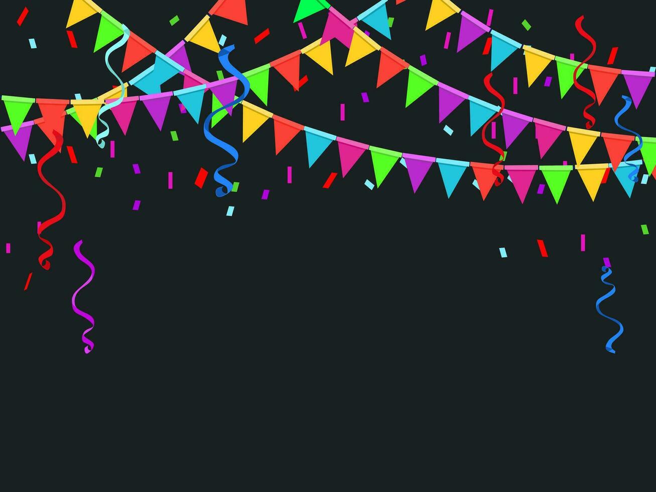 Colorful Party Flags With Confetti And Ribbons Falling. Celebrate banner. Vector