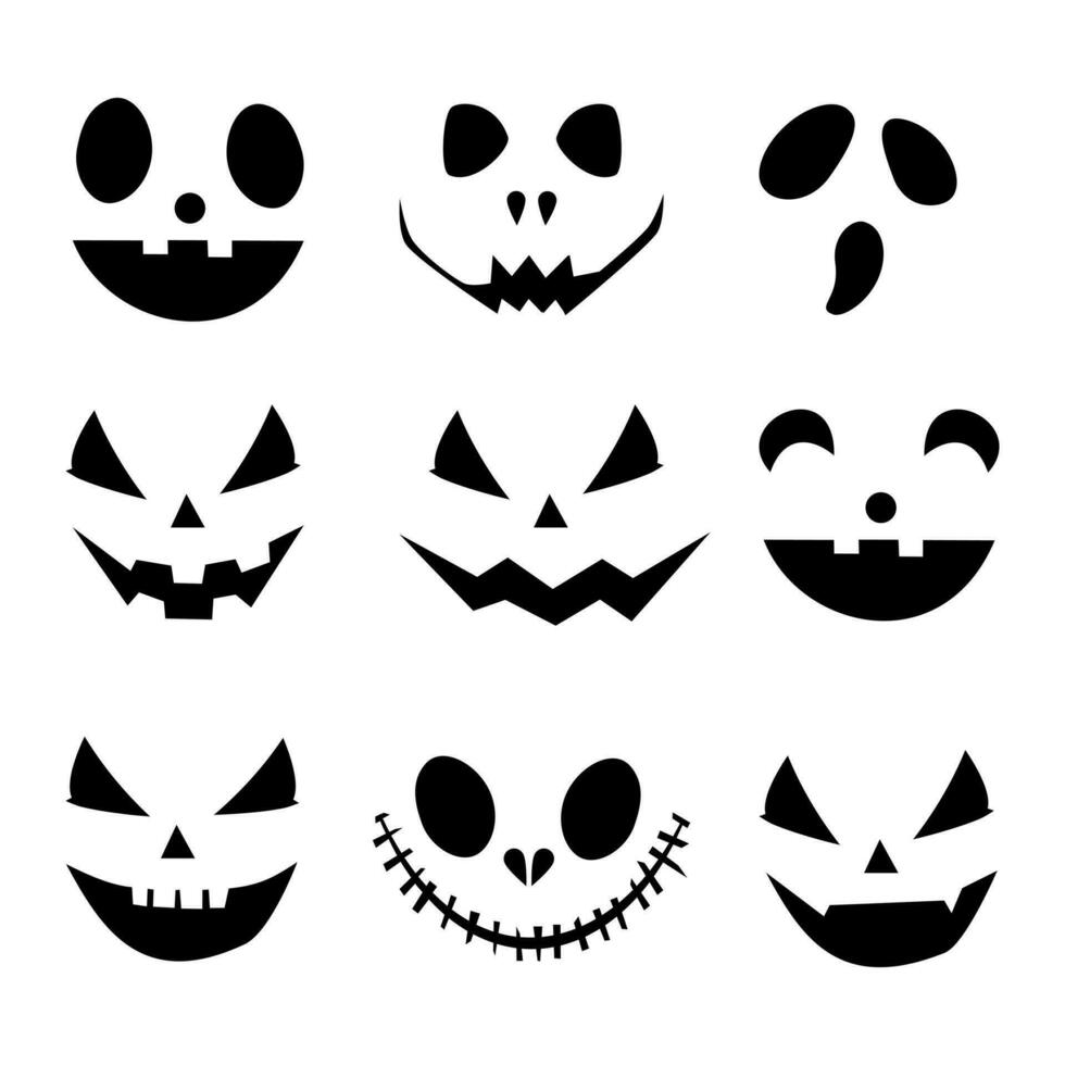 colección conjunto de Víspera de Todos los Santos calabazas caras siluetas vector ilustración