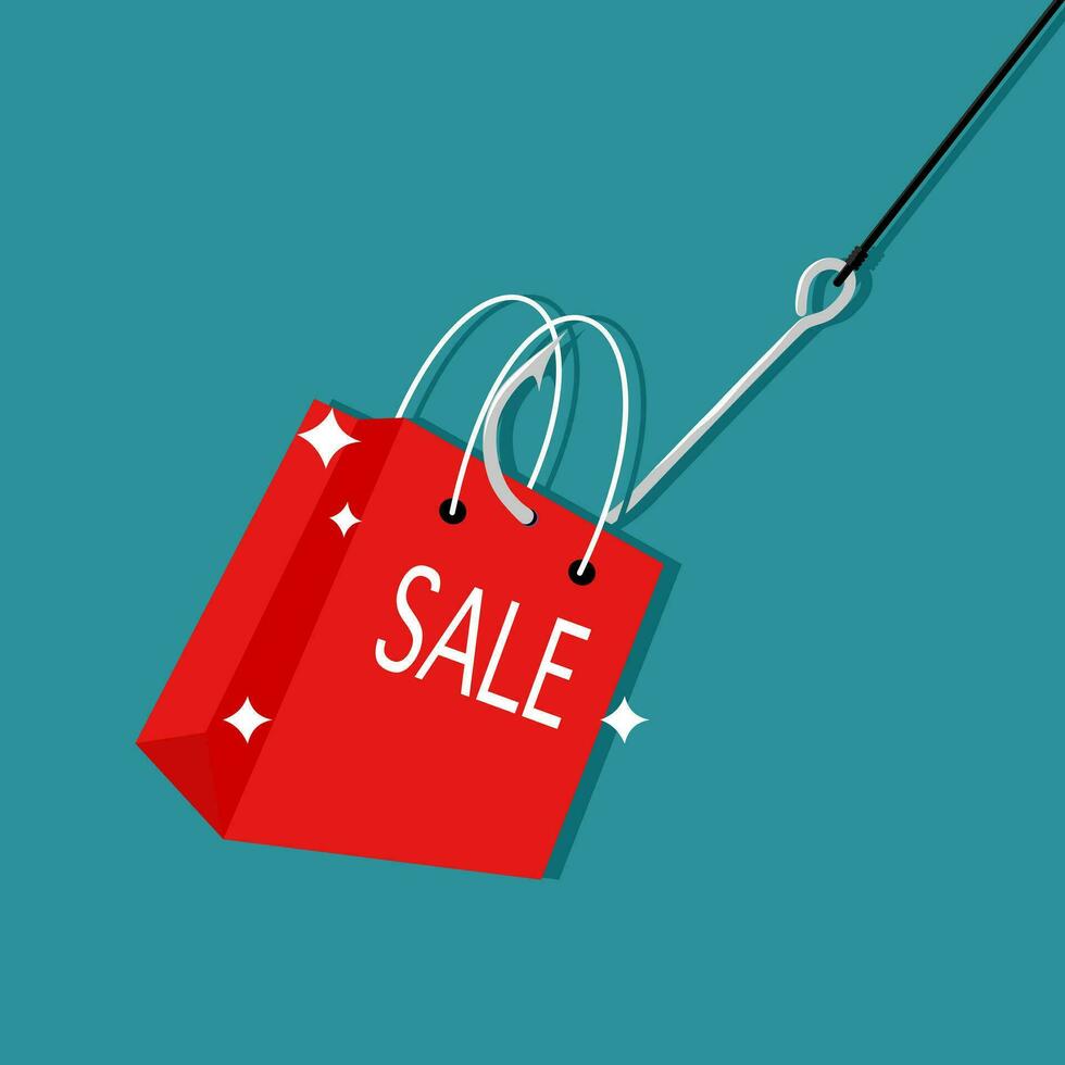 Fishing hook with shopping bag. Sales and business concepts. vector