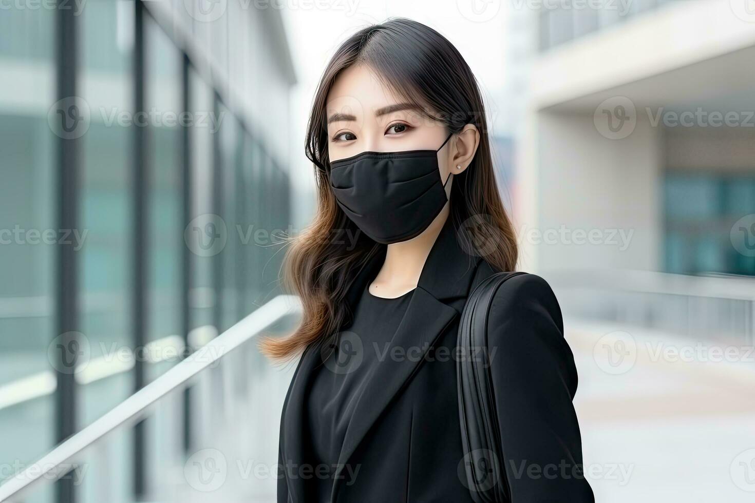 AI generated woman wearing face mask protect filter against air pollution photo