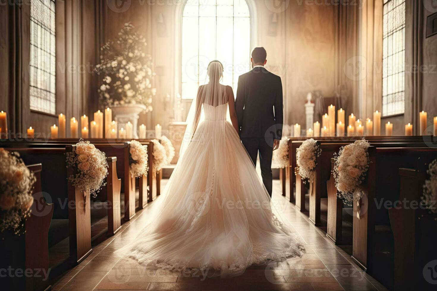 ai generado hermosa caucásico blanco novia y novio juntos en el Iglesia foto