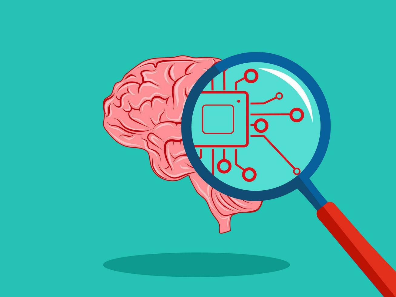 Processing circuit on a magnifying glass and human brain. vector illustration