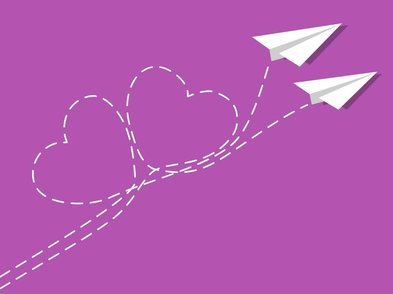 A paper airplane design on a purple background. Heart-shaped plane path. Vector illustration