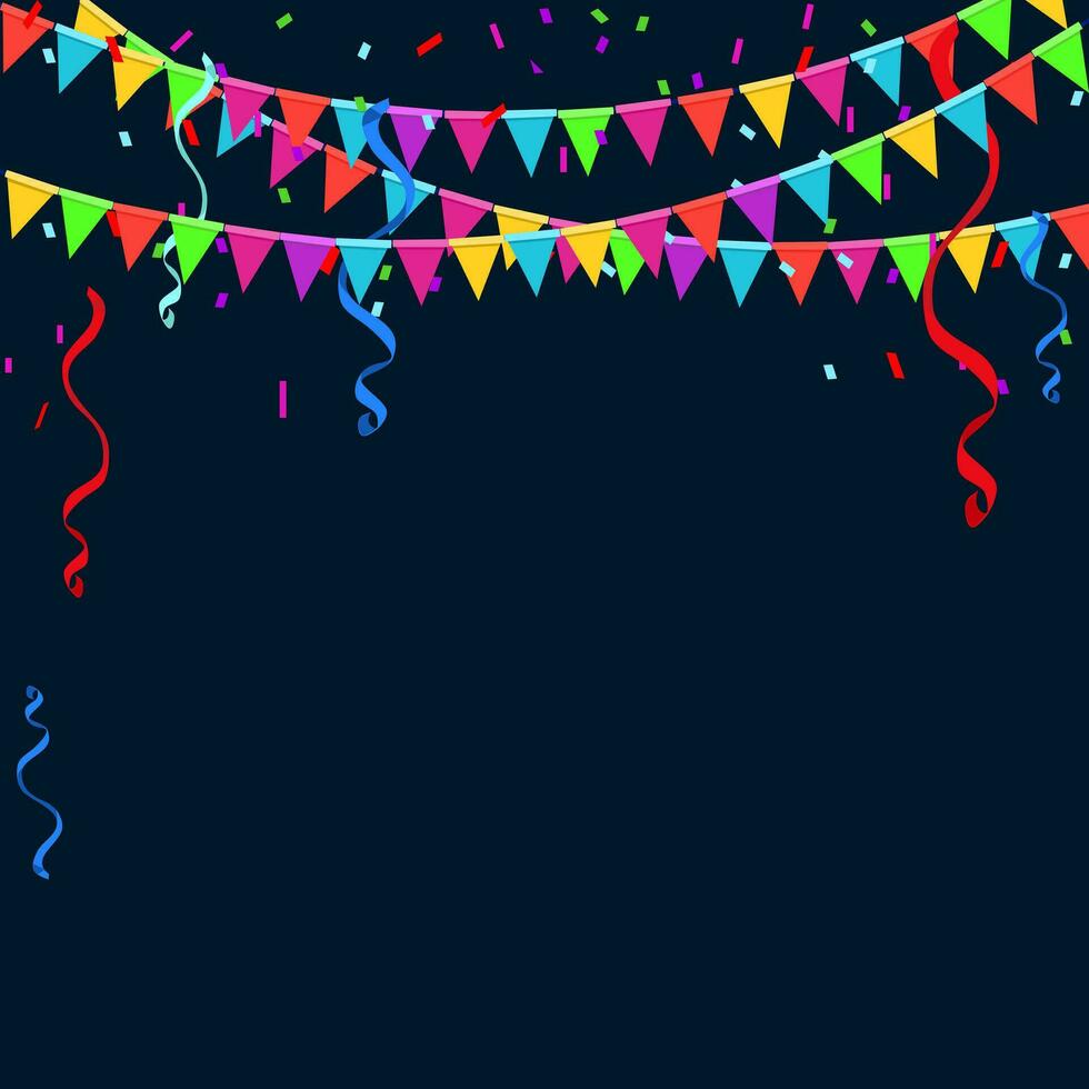 Colorful Party Flags With Confetti And Ribbons Falling. Celebrate banner. Vector