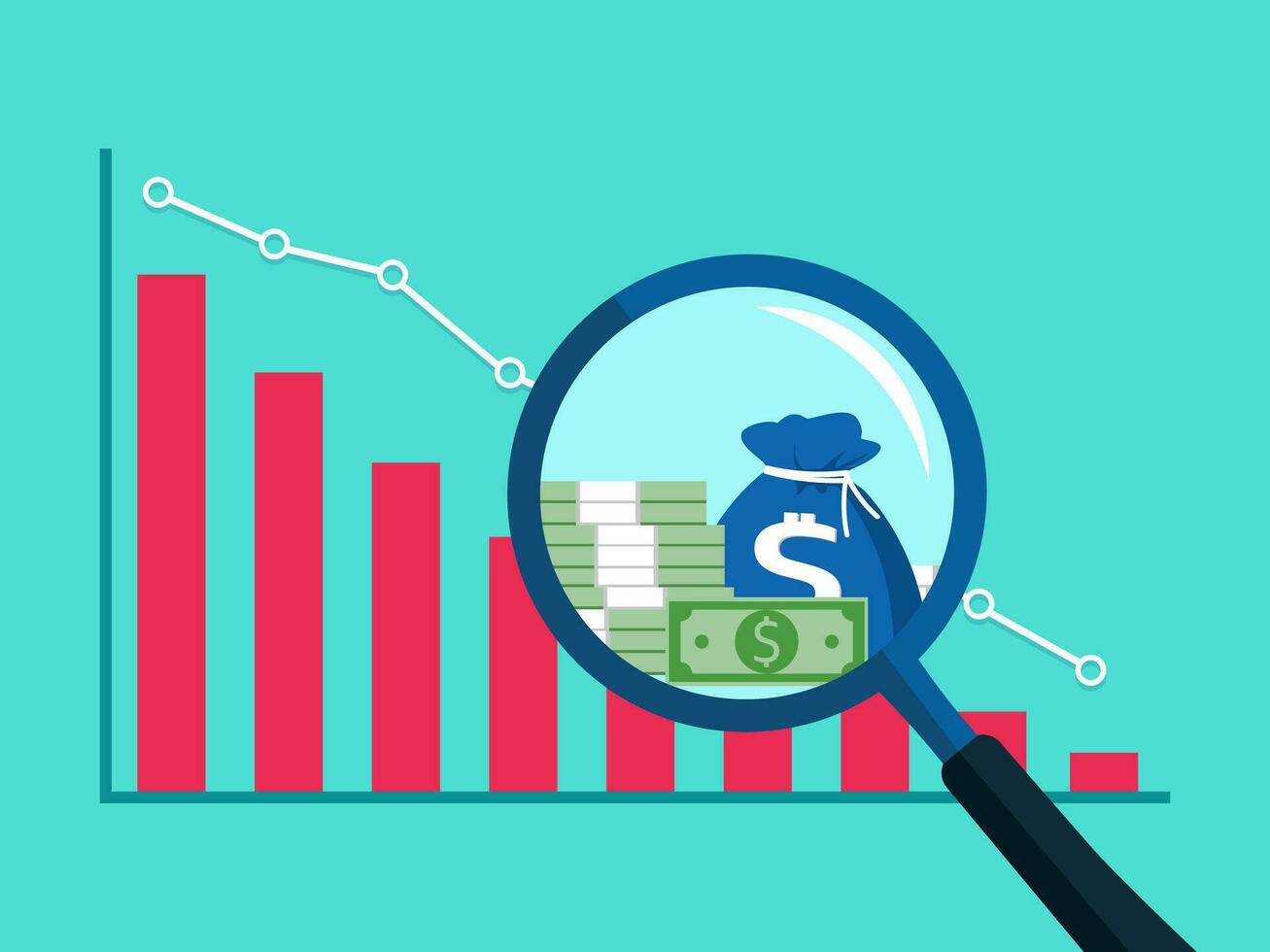 Assets in a magnifying glass and a downtrend chart. Profit reduction concept vector