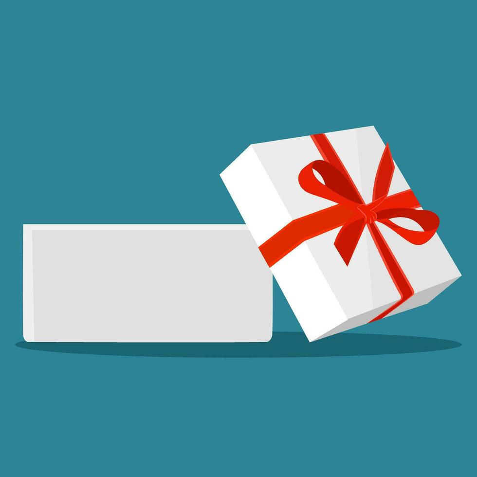 white Gift box with red ribbon. Opening white box. Birthday surprise and christmas present concept vector