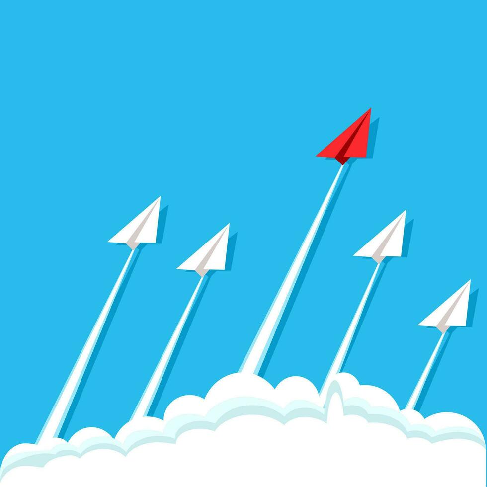 Paper airplanes flying from clouds on sky.business teamwork creative concept idea.Vector illustration vector
