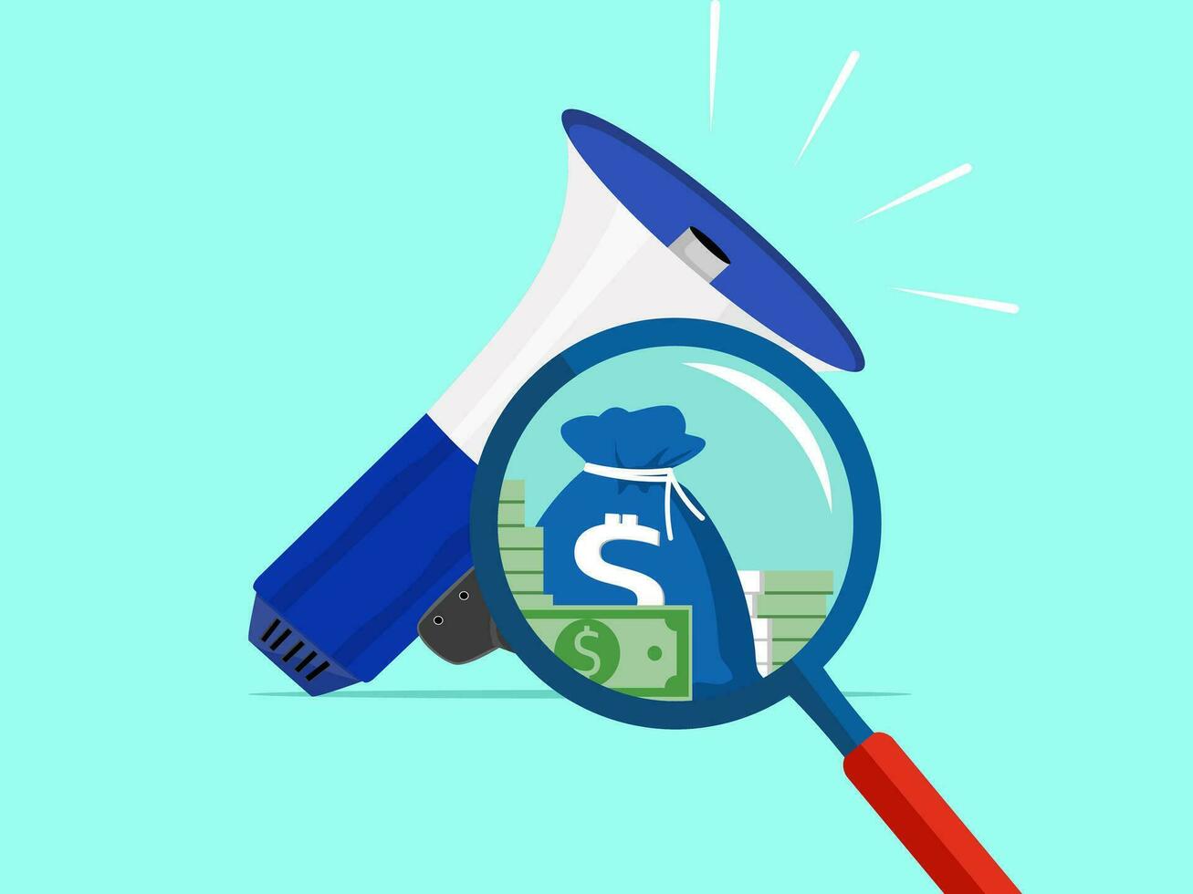 Magnifying glass and megaphone vector