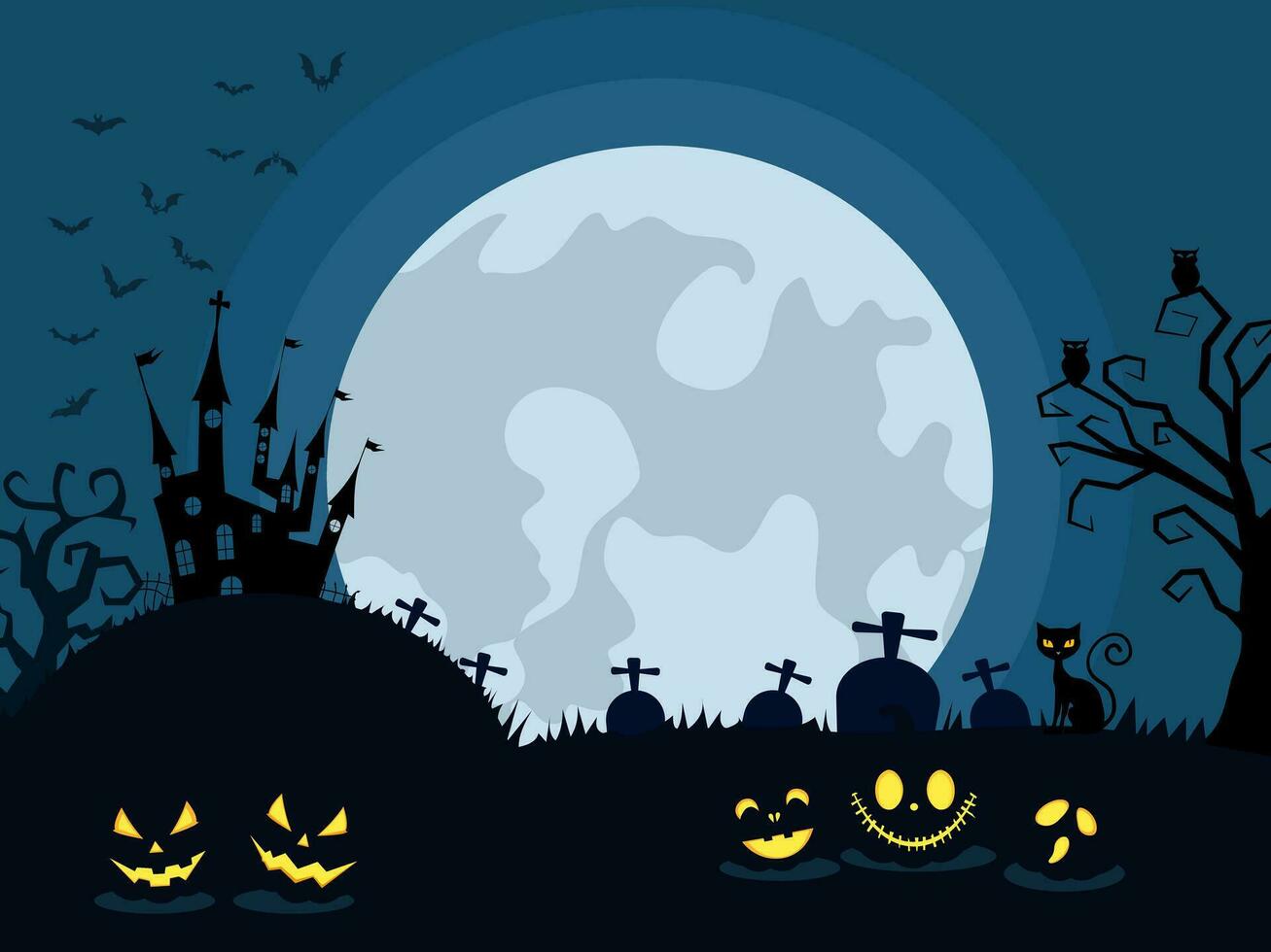 Halloween pumpkins and dark castle on Moon background. Website spooky or banner template vector