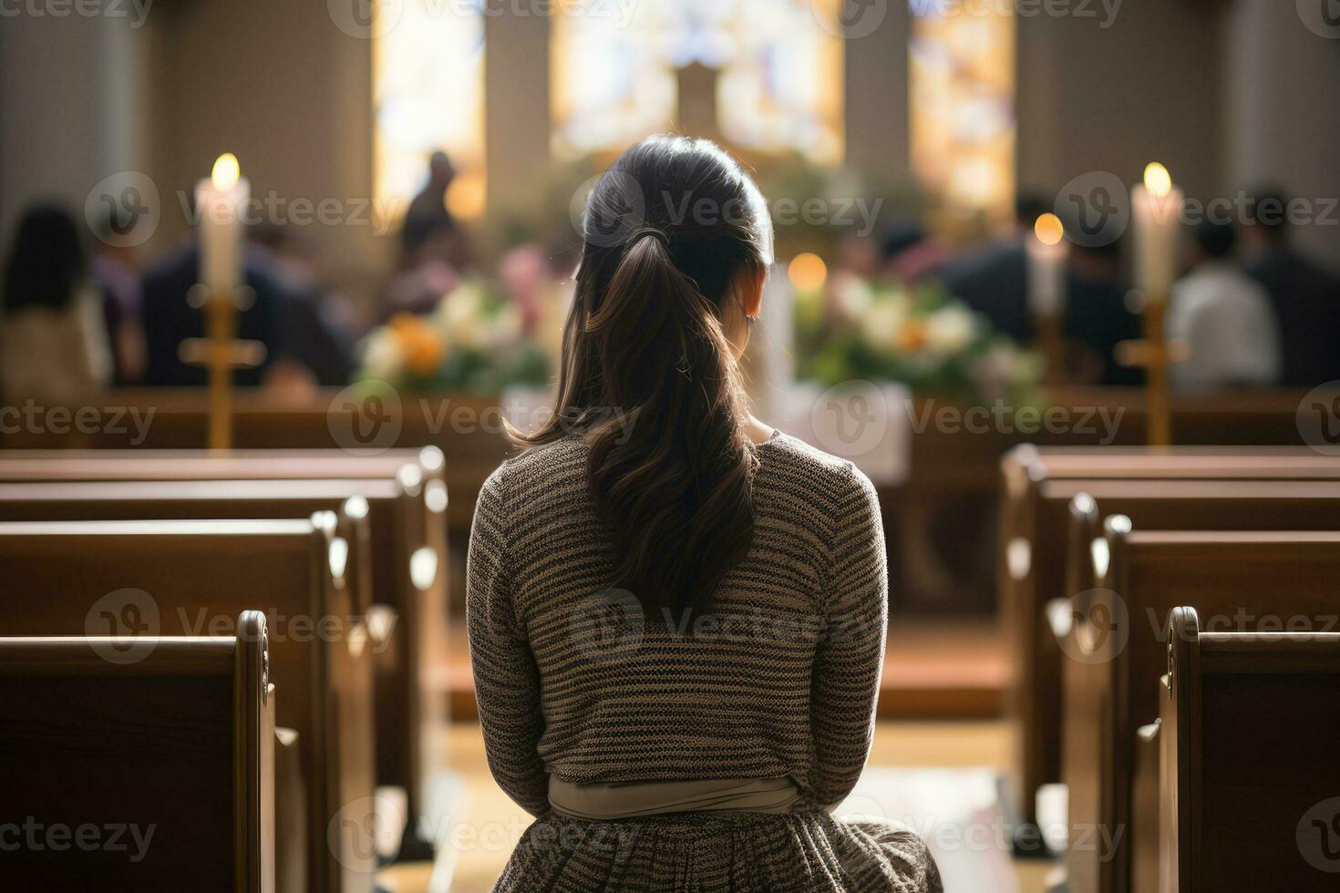 AI generated young religious woman praying in catholic cathedral photo