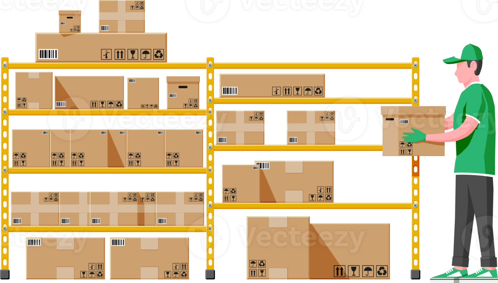 Warehouse shelves with boxes and mover png