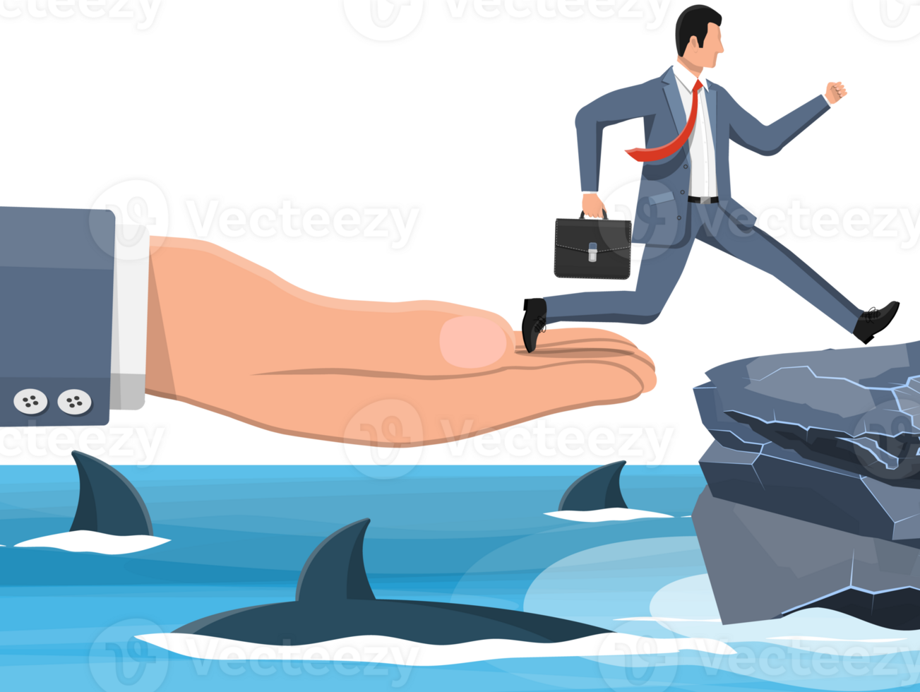 Businessman jumping over shark in water. png